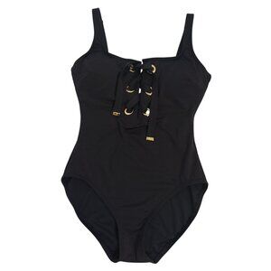 Michael Kors Black One-Piece Swimsuit With Gold Grommet Lace-Up Front Size 10.
